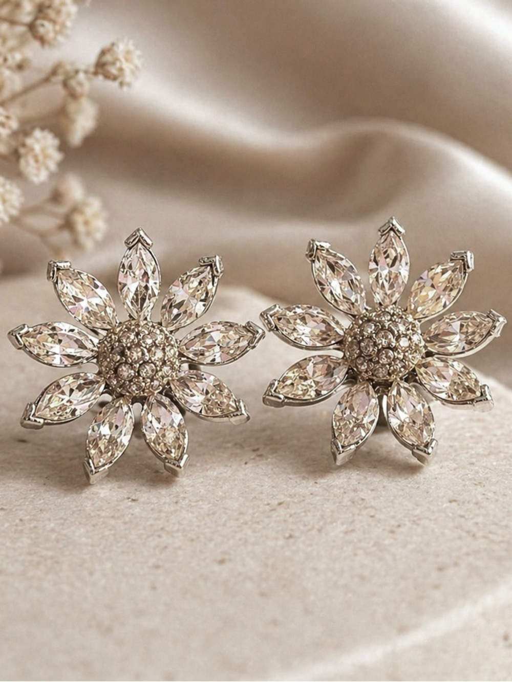 Napier Floral Burst Silvertone Screw Back Earrings Rhinestones NWOT Statement